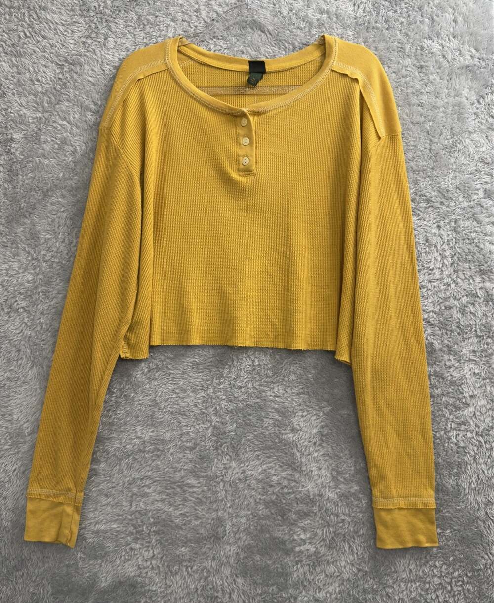 Wild Fable Shirt Womens XL Yellow Thermal Henley Cropped Long Sleeve Casual
